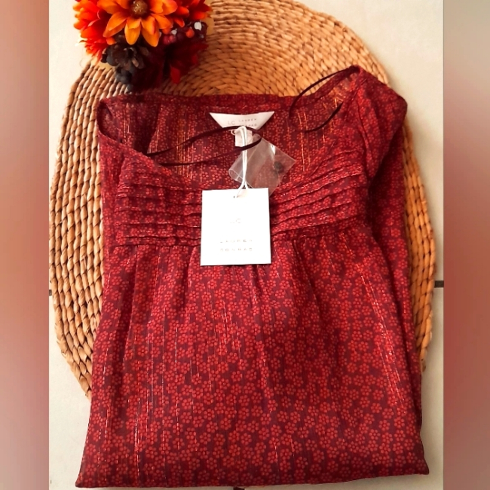 LC Lauren Conrad Orange/Gold Floral Boatneck Bishop Sleeve Blouse M NWT